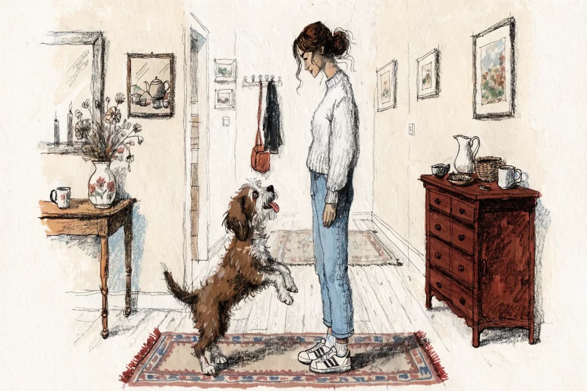 Щенок прыгает на хозяйку в прихожей от радости